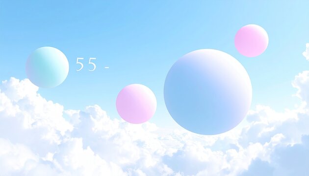 Pastel spheres floating in a cloud-filled sky. Simple "55 -" appears - Powered by Adobe