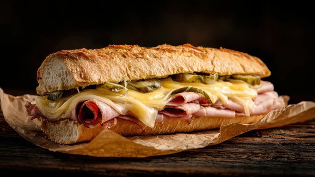 Ham And Cheese Sub Sandwich With Pickles On Craft Paper On Wooden Table Against Dark Backdrop