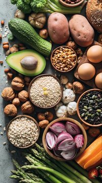 top view flat lay of healthy balanced food fresh vegetables fruits and protein sources arranged neatly natural daylight clean background cinematic food video
