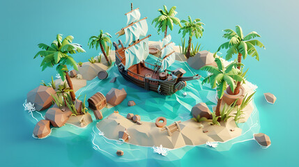 3d Isometric Low poly clay style island