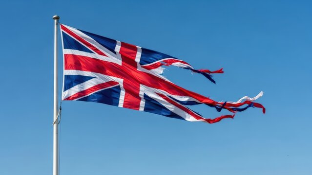 Tattered Union Jack flag flies prominently against a clear blue sky, a powerful symbol of economic uncertainty and British national identity struggles