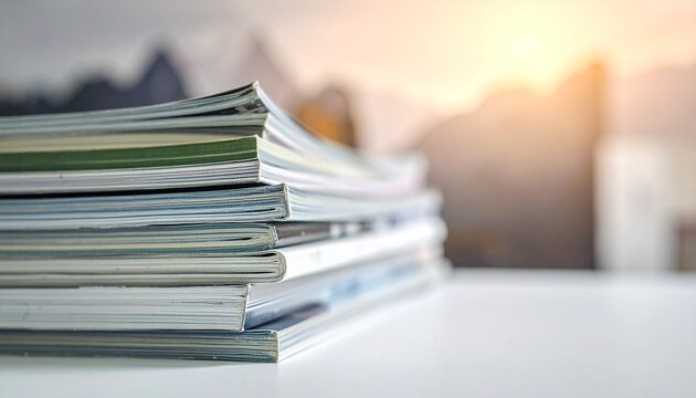 Close-up shot of a stack of magazines on a white surface with a blurred background.