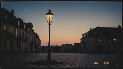 Lonely street lamp at dusk in old town.