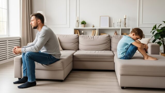 Unhappy father and young son sit apart on a modern beige sofa, silent tension highlighting a generation gap after a family quarrel