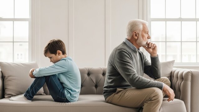 Upset little boy and thoughtful senior grandfather sit apart on a modern living room couch, illustrating a poignant generation gap after a family disagreement
