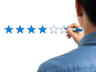 Man drawing rating stars with a blue pen on transparent background