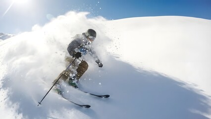 Skiing Down Snowy Mountain Slope with Powder.