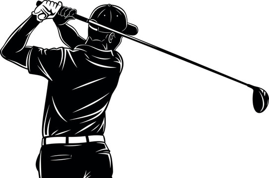 Black and white vector illustration of a male golfer swinging a golf club for sports, fitness, and exercise.