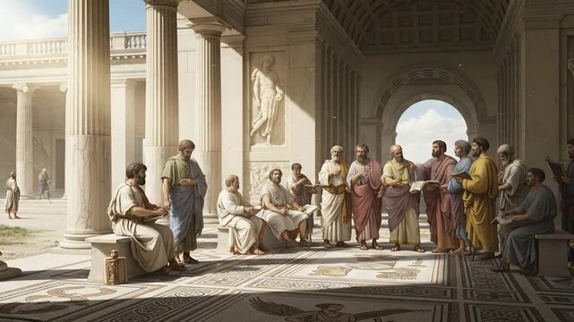 Ancient Greek philosophers debating serious intellectual concepts in academy.