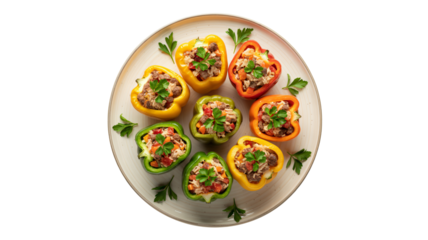 Seven stuffed bell peppers on white plate with parsley microgreens fresh herbs garnish colorful raw vegetables