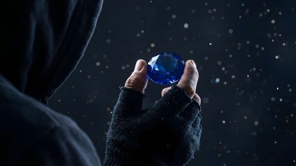 Person Holding Blue Glass Orb in Darkness.