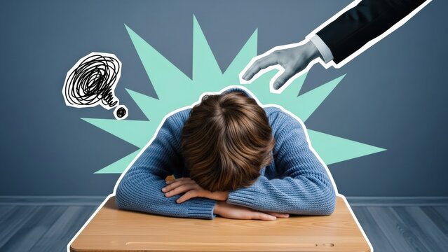 Young pupil lies distressed on a wooden school desk, overwhelmed by bullying, phobia, and impolite classmates, representing modern mental health challenges in a collage