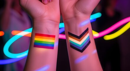 Arms with LGBTQ Pride Tattoos Neon Lights Gender Fluidity Inclusion Equality Rainbow Flag Symbol Diversity Acceptance Expression Identity