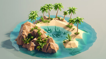 3d Isometric low poly clay style island with small lake