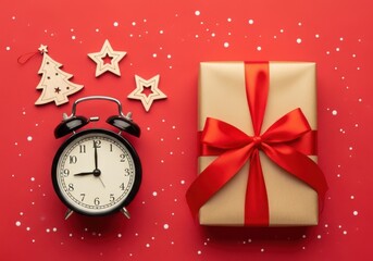 A festive christmas scene with a vintage alarm clock showing 9 oclock, a wrapped gift with a red ribbon, and wooden holiday decorations on a red background with falling snow