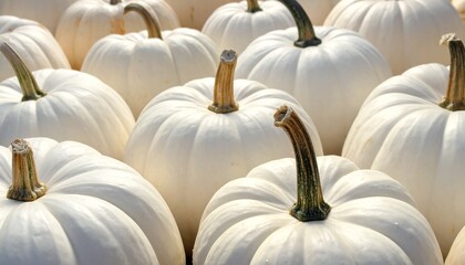 Close-up view of a collection of white pumpkins with textured surfaces and brown stems.