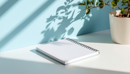 Angled Notebook Mockup on Clean Pastel Blue Desk
