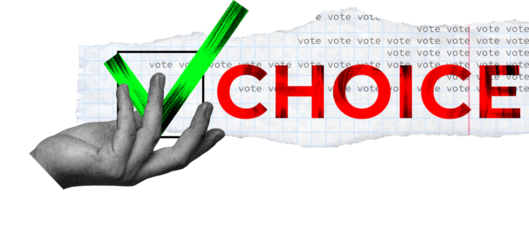 Graphic artwork with bold choice lettering on transparent background. Concept of electoral selection, political alternatives, voter responsibility and democratic freedom.