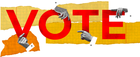 Bold mixed media poster with vote typography and pointing hands on transparent background. Concept of voter responsibility, collective choice and shared political accountability.