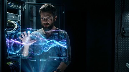 Man Interacting with Futuristic Digital Interface.