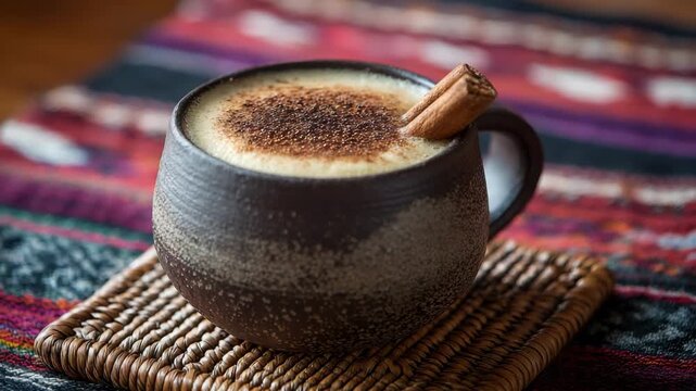 Close Up of Dark Brown Ceramic Mug with Cinnamon Stick on Wicker Coaster and Colorful Patterned Background