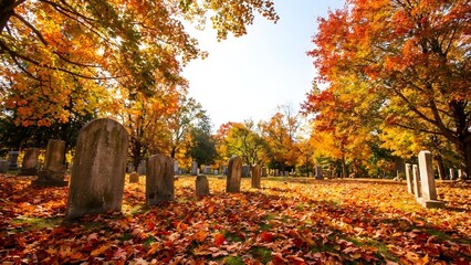 Autumnal Cemetery Scene with Vibrant Fall Foliage.