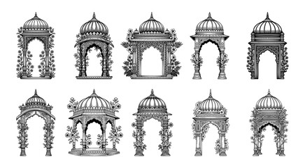 Collection of decorative Rajasthani Mandap and Chhatri vector illustrations in black and white, featuring intricate pillars and jaali work for Hindu marriage card designs.