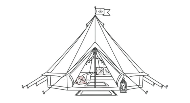 Cozy bell tent set up for comfortable outdoor adventure with warm lighting
