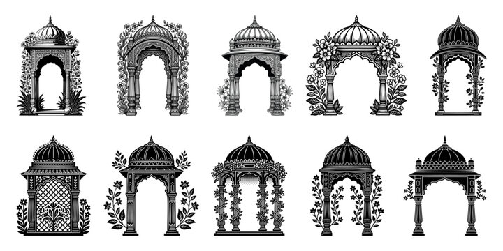 Set of ten traditional Indian architectural vector arches and domes with floral decorations, perfect for royal wedding invitations, Kankotri, and vintage frame designs.