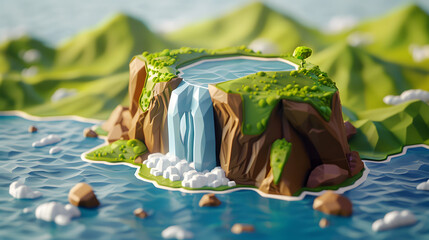 3d Isometric Low poly clay style island with waterfall