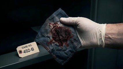 Gloved Hand Holding Evidence Bag with Blood Sample.