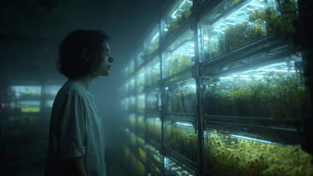 A young woman collecting insect-protein samples in a controlled fermentation room afternoon