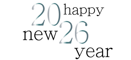 Happy New Year celebration with modern typography and shiny blue numbers on white background.