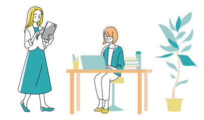 Two Women Working at Office – Desk Work and Tablet Use, Full Body, 20s 30s