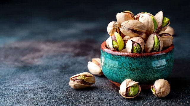 Close Up of Pistachios in Green Bowl on Dark Textured Background Food Photography with Focus and Shallow Depth of Field Showing Pistachio Details and Natural Lighting