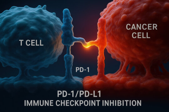Immune checkpoint inhibition mechanism showing cancer cell interaction. T Cell receptor and ligand binding illustrates vital biological process for modern immunotherapy treatment