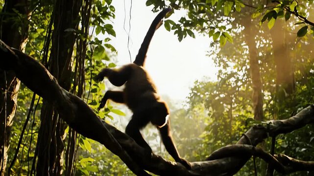 Agile Monkey in Silhouette Leaping and Tumbling Through a Dense Rainforest Canopy at Sunrise