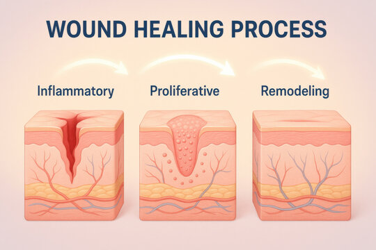 Wound healing process diagram showing inflammatory, proliferative, and remodeling stages. An anatomical view of skin layer repair for educational and clinical use, hopeful poster