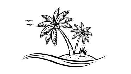 Obraz premium Monochromatic Tropical Island Paradise Illustration with Palm Trees and Ocean Wave for Summer Vacation Concepts and Travel Designs