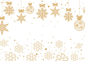 Fototapeta premium Elegant gold Christmas background with hanging snowflakes, stars and ornaments on white, minimalist festive border design ideal for holiday greeting cards, invitations, banners and seasonal winter pro