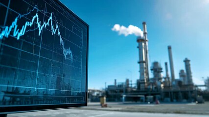 Industrial refinery with smokestacks and digital stock chart overlay showing market trend changes - Powered by Adobe