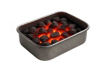 Glowing charcoal briquettes in metal tray on transparent background