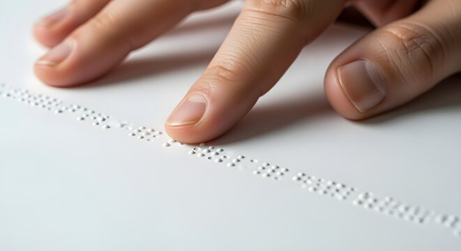 A close-up of braille text on a page with fingertips touching.