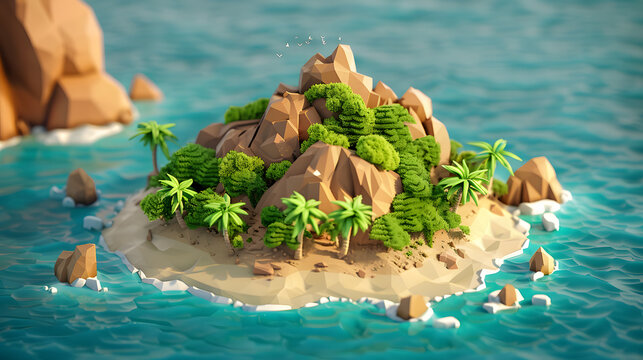 3d Isometric low poly clay style jigsaw puzzle island