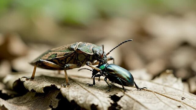 Assassin bug hunts iridescent beetle on dry leaf