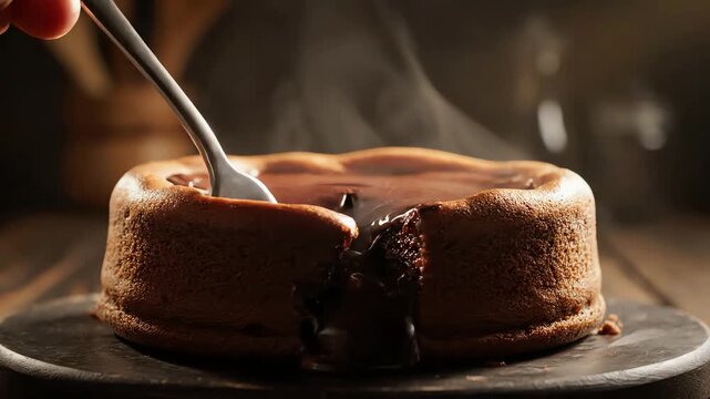 Close up of a warm chocolate lava cake being pierced by a fork with molten chocolate oozing out