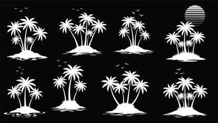 Collection of palm trees on small islands against a black background with a full moon visible