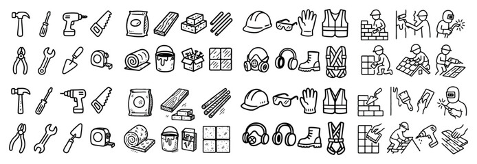 Obraz premium Construction tools and safety equipment icons set