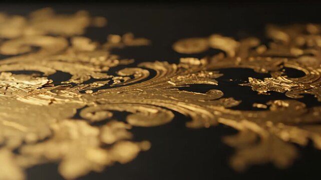 Intricate gold ornate floral patterns on a dark background with a shallow depth of field effect
