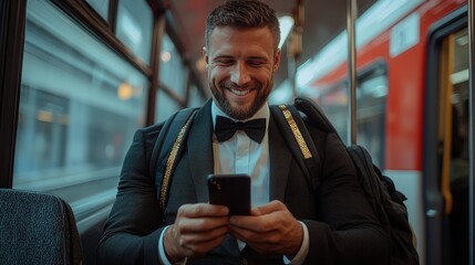 Man in suit and bow tie sitting on the bus looking at his phone.